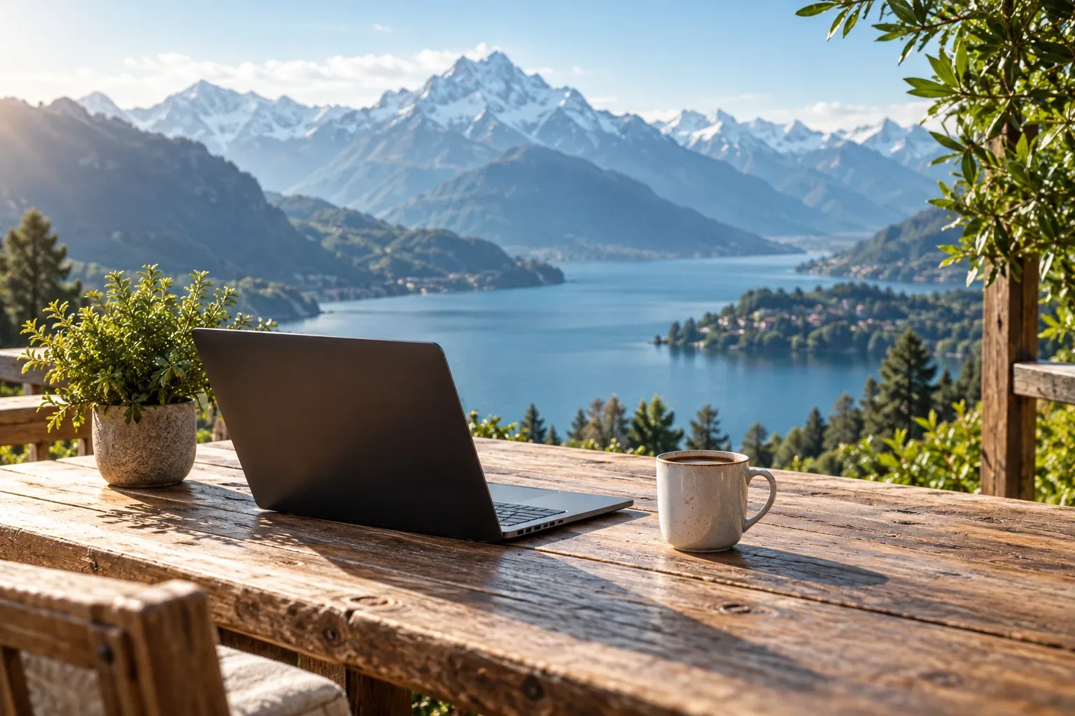 A remote workspace overlooking a mountain lake.