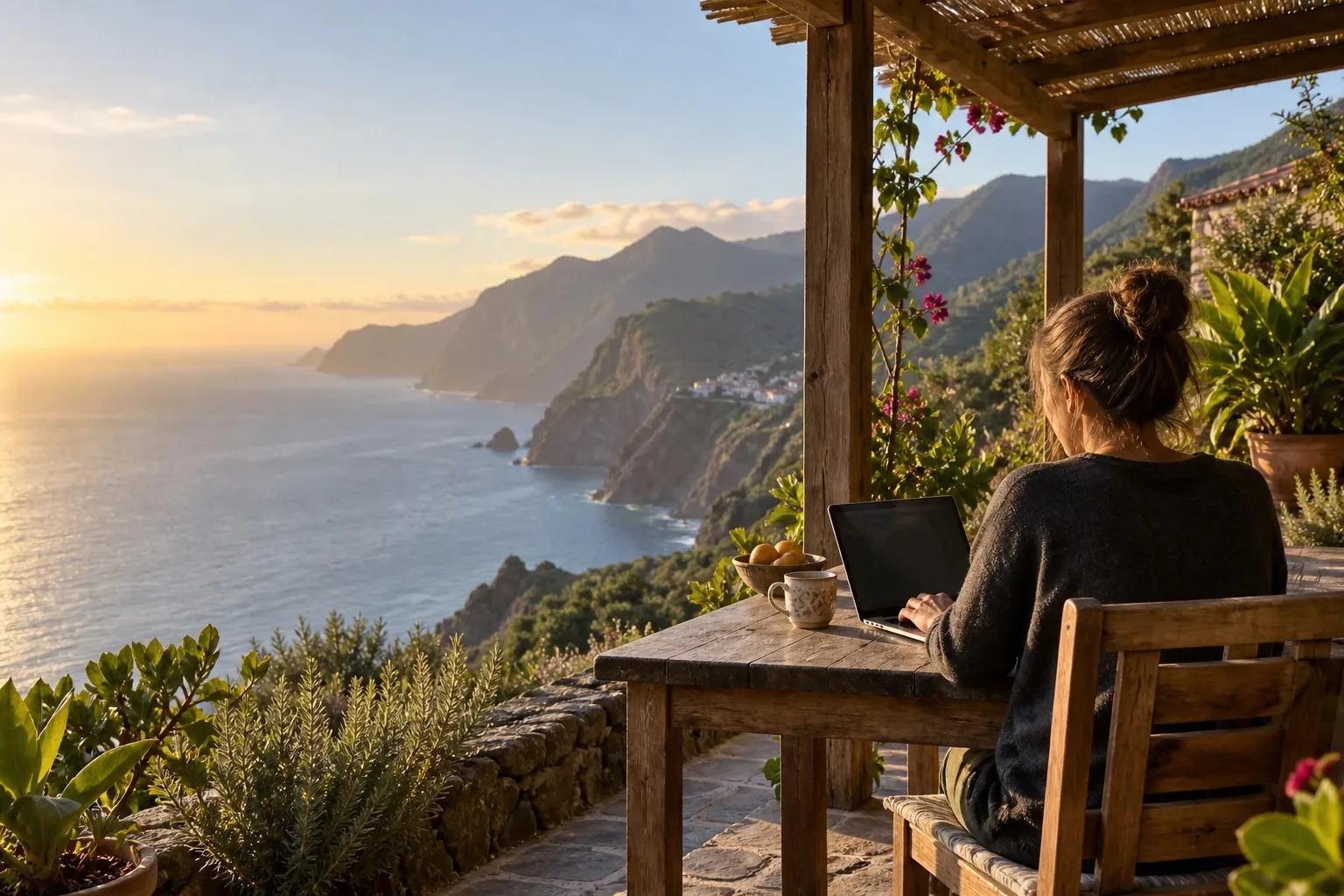 A remote worker on a sunlit terrace overlooking the Madeira coast