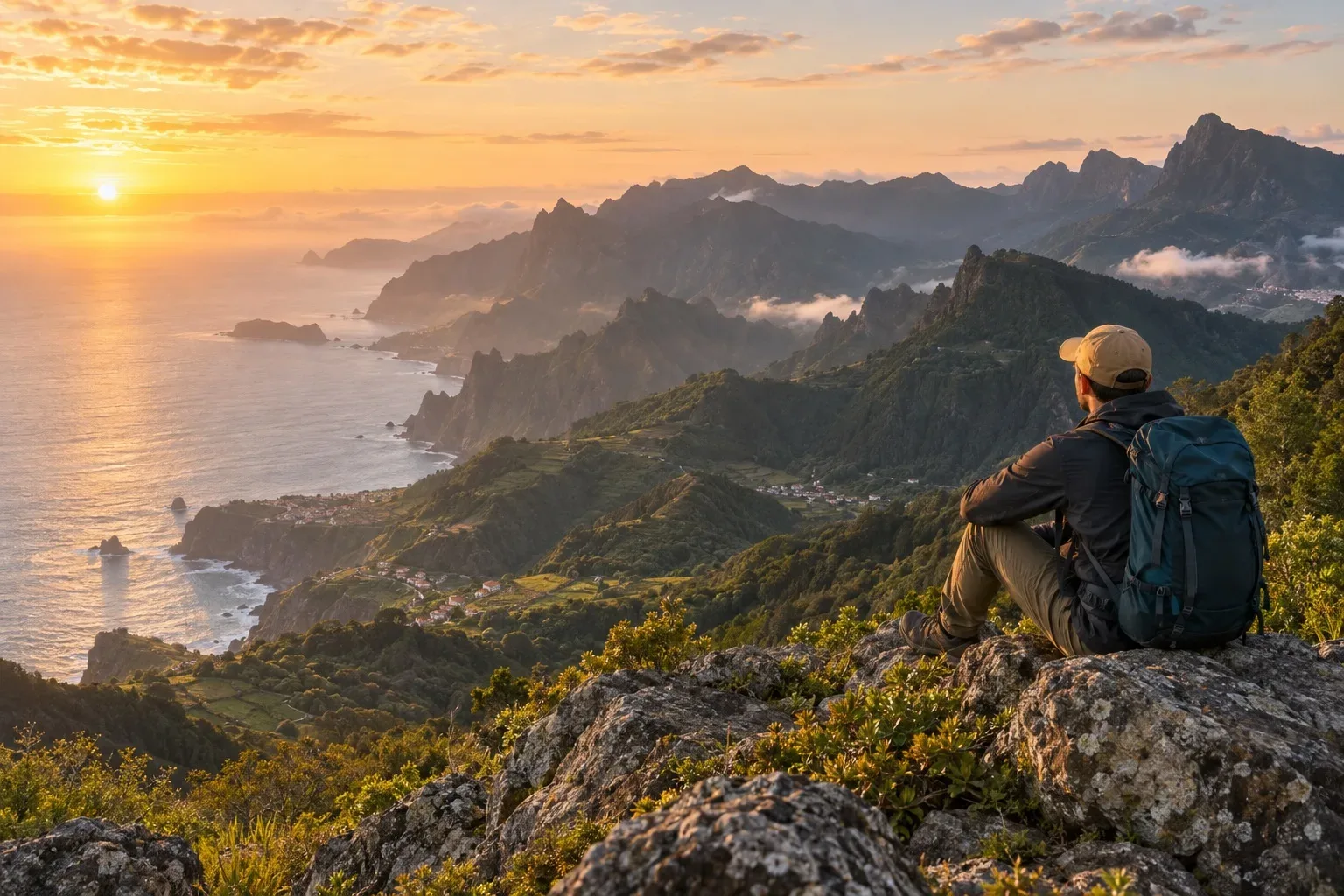A hiker resting on a mountain ridge above the coast at sunset.