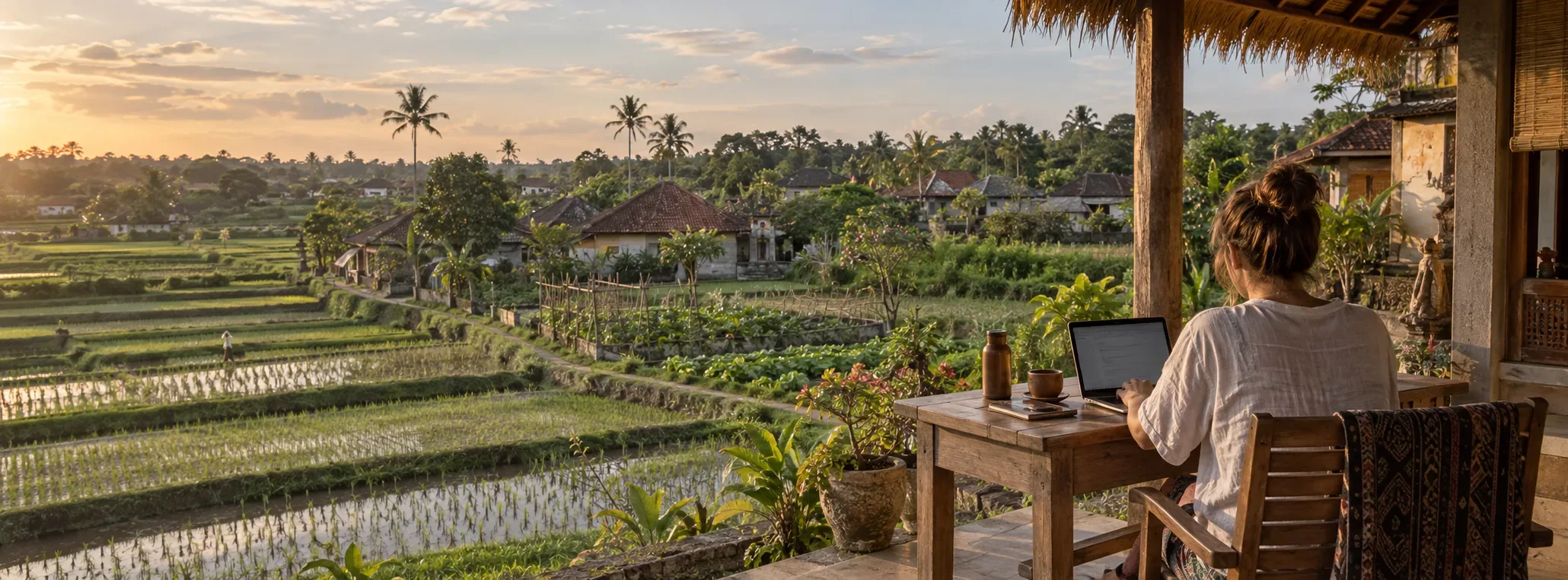 Someone working on a laptop on a veranda above rice fields.