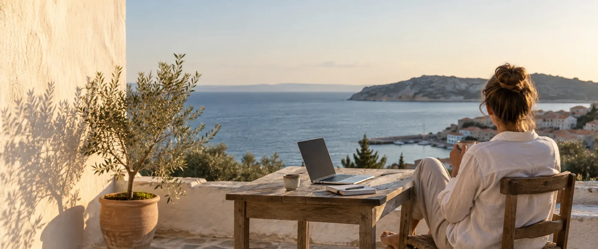 A remote worker taking a coffee break on a sunlit terrace overlooking the sea