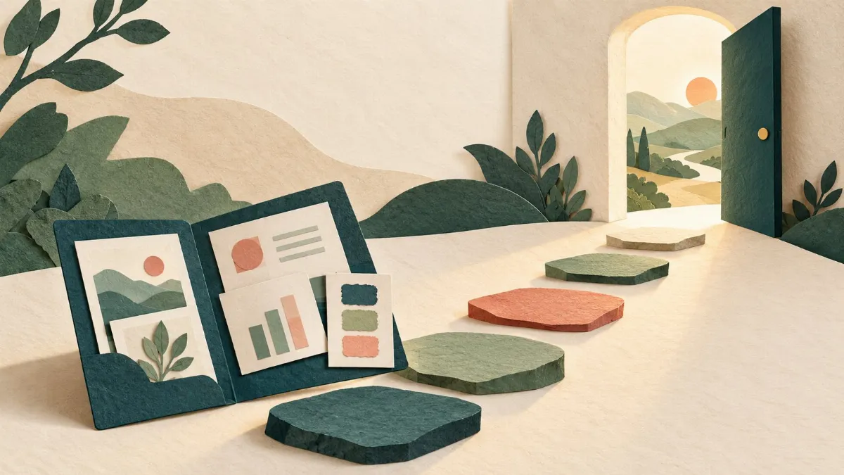 A portfolio of sample work leads toward an open doorway