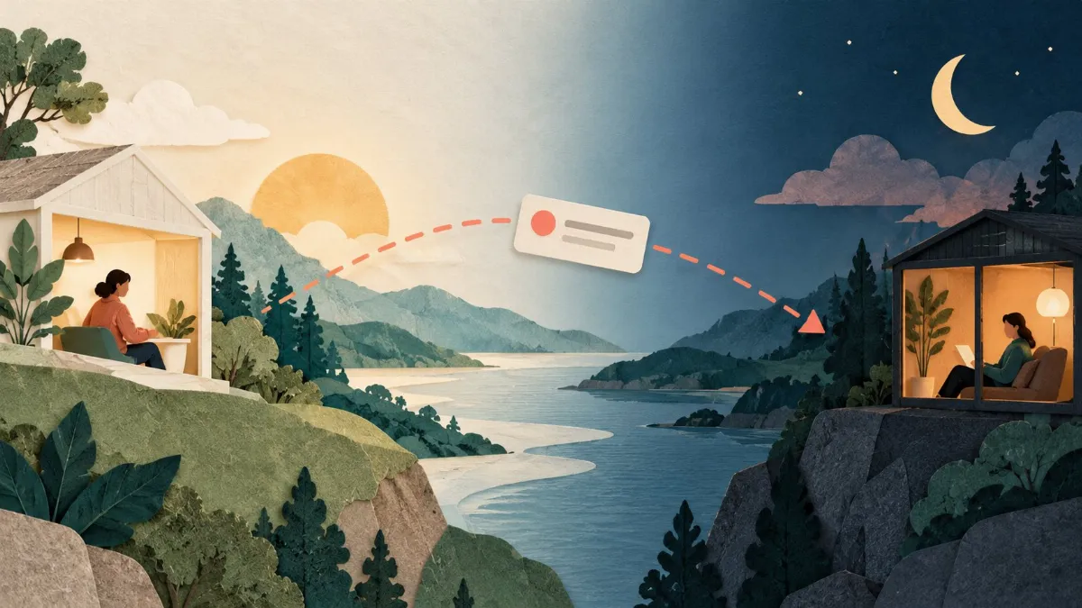 A message card moves between two work spaces at different times